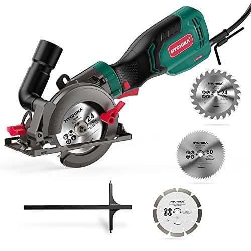 HYCHIKA Mini Sierra Circular 750W con Motor de Cobre Puro, 3 Cuchillas, 3500RPM, Corte: 48mm/90º, 32mm/45º, Extrarator de Polvo, Sierra para Azulejo, Madera,...